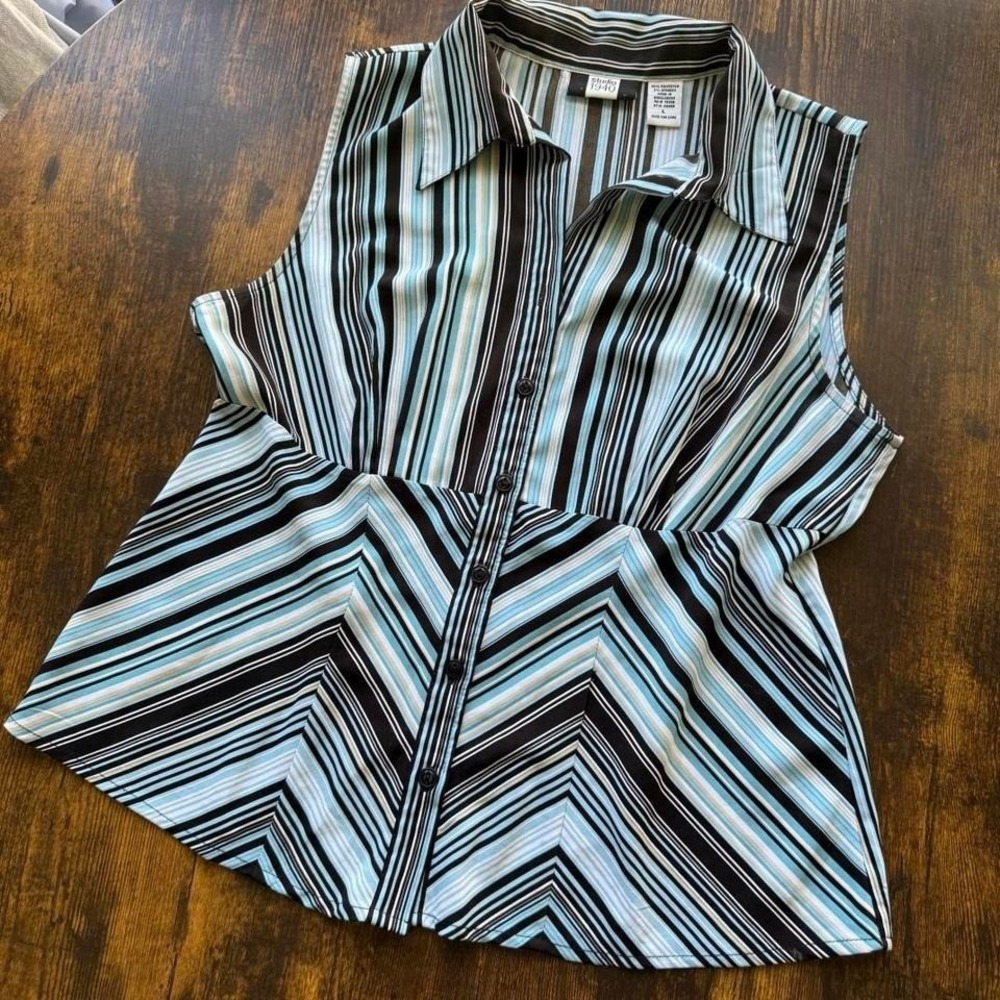 Studio 1940 Women's Sleeveless Button Up Blouse L Blue Black Striped Stretch